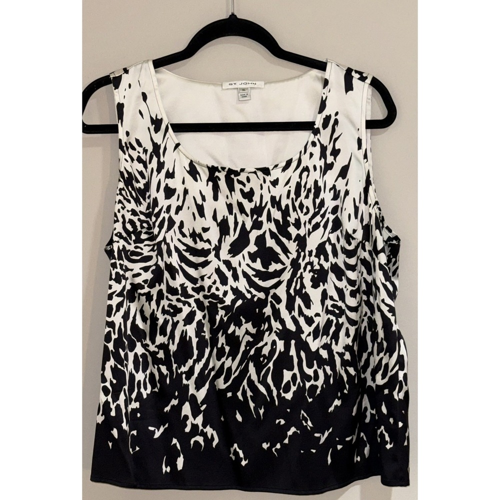 St. John Silk Blend Tank Top Small Black Ivory Abstract Animal Print Sleeveless